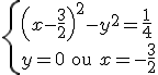 \left\{\begin{array}{ll}\left(x-\frac32\right)^2-y^2=\frac14\\y=0\quad\text{ou}\quad x=-\frac32\end{array}\right.